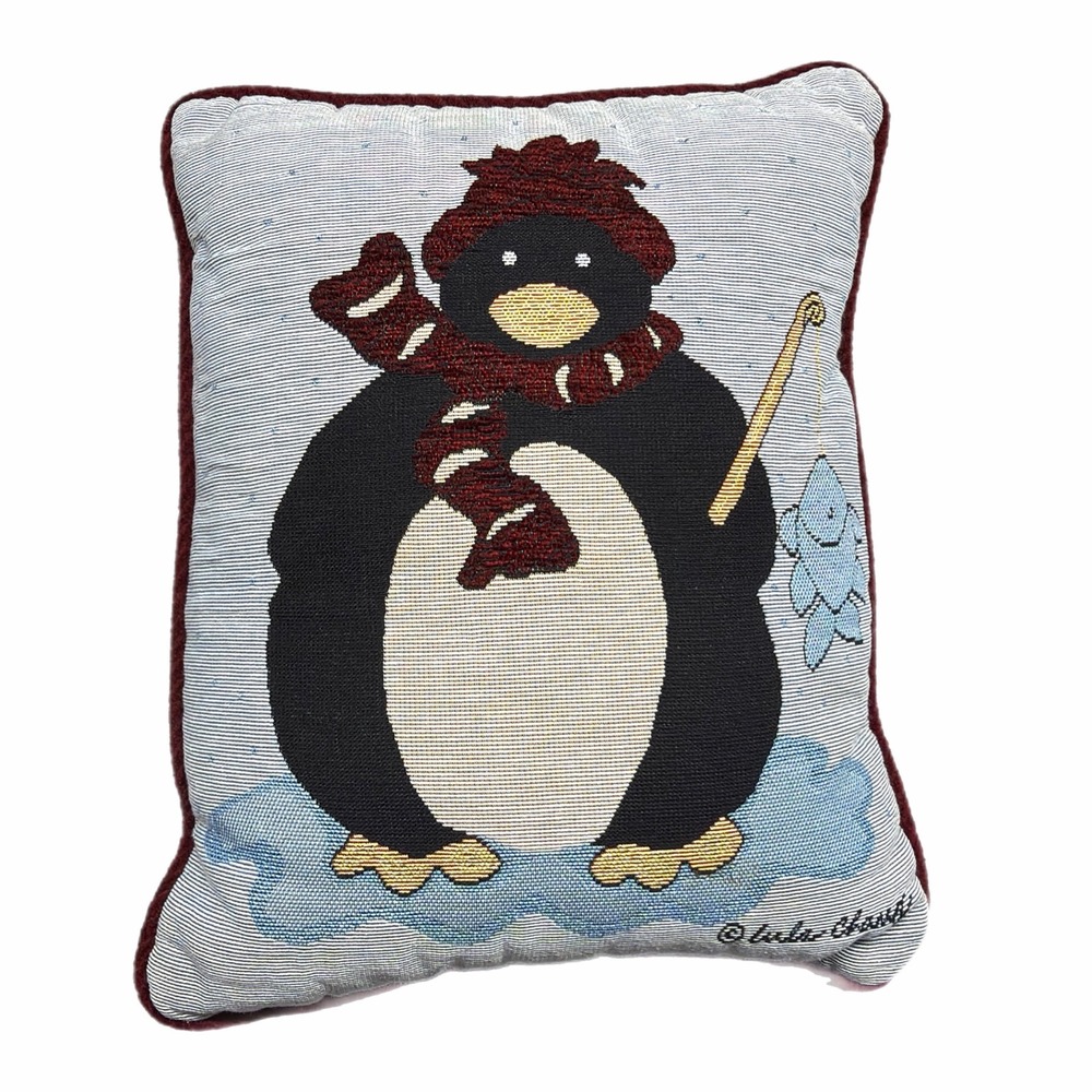 VTG Penguin Ice Fishing Tapestry Throw Pillow Winter Christmas Holiday 15x11